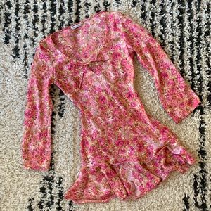 Zara Pink Floral Fit and Flare Mini Dress Ruffle Hem Long Sleeve Size Small